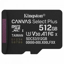Kingston CANVAS Select Plus Tarjeta microSD 512GB Clase 10 UHS-I U3 V30 A1 Velocidad Lectura 150MB/s SDCS3/512GBSP